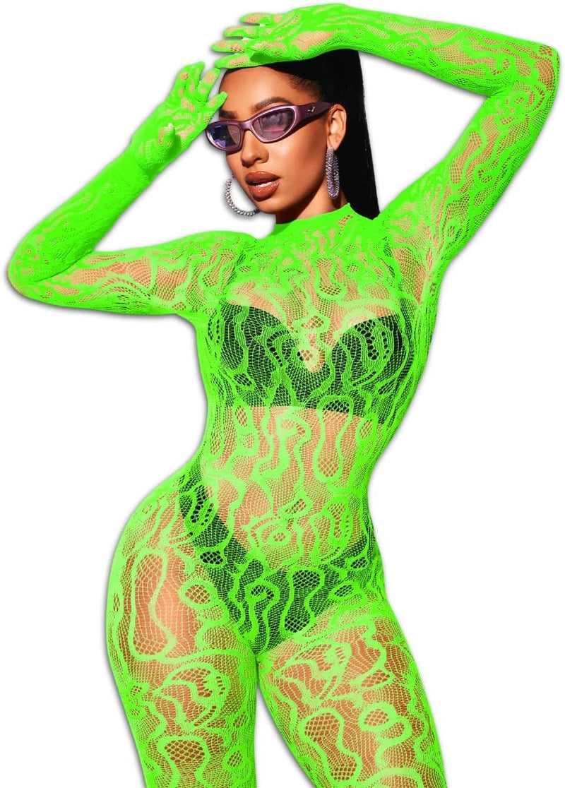 EHSUYAB Women Sexy Fishnet Full Bodysuit, Mesh Lace Poster Jumpsuit Glow Party Rave Outfits, Body Stockings Halloween Costume - Image 1